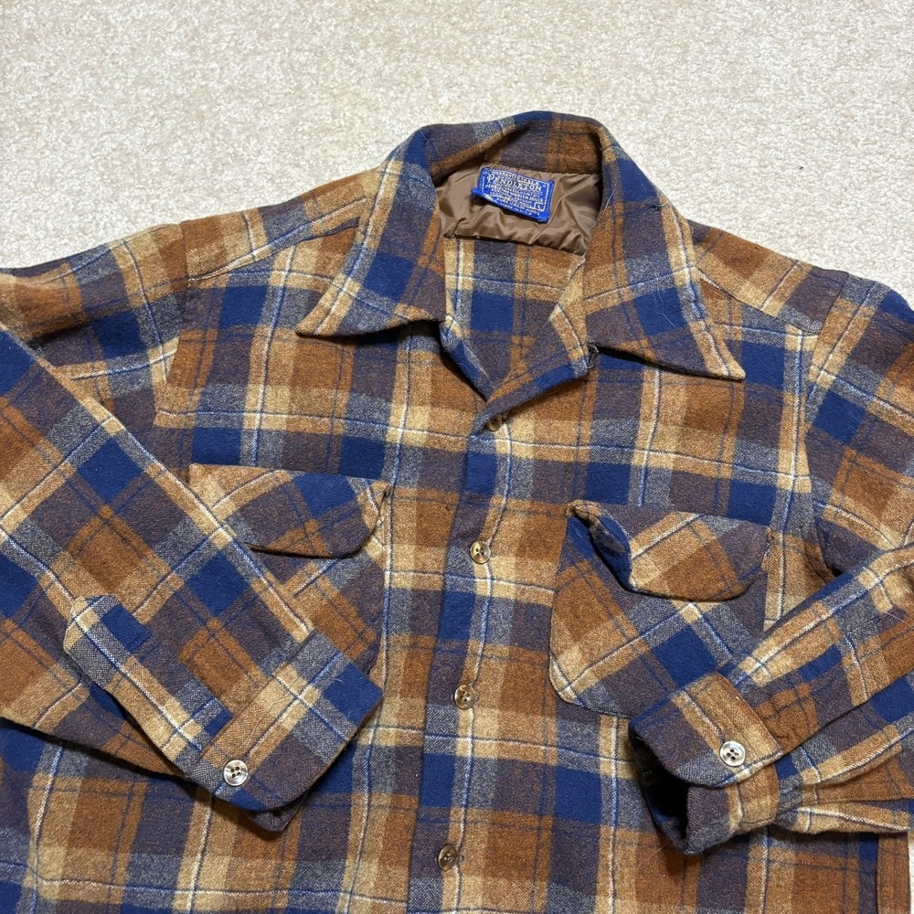 Vtg Pendleton Shirt Mens Large Brown Plaid Wool Flannel Loop Collar Made USA 60s - Picture 3 of 12